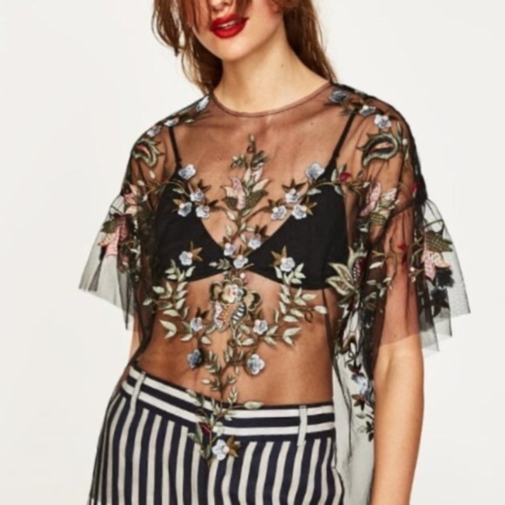 Zara floral embroidered sheer top